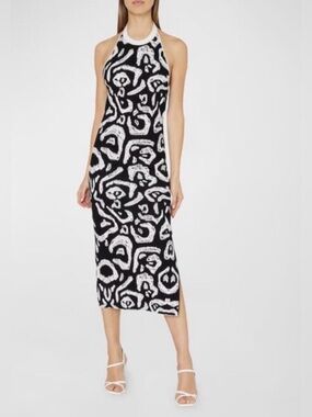 NWT Milly Jacquard Halter Dress Stretch Black/Ecru. Size M